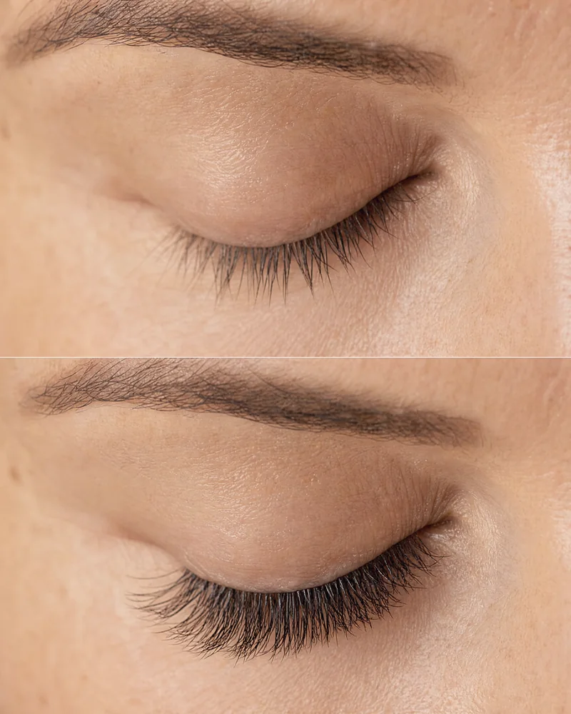 Avant et après une pose cil à cil : les mêmes yeux fermés, cils naturels puis extensions discrètes