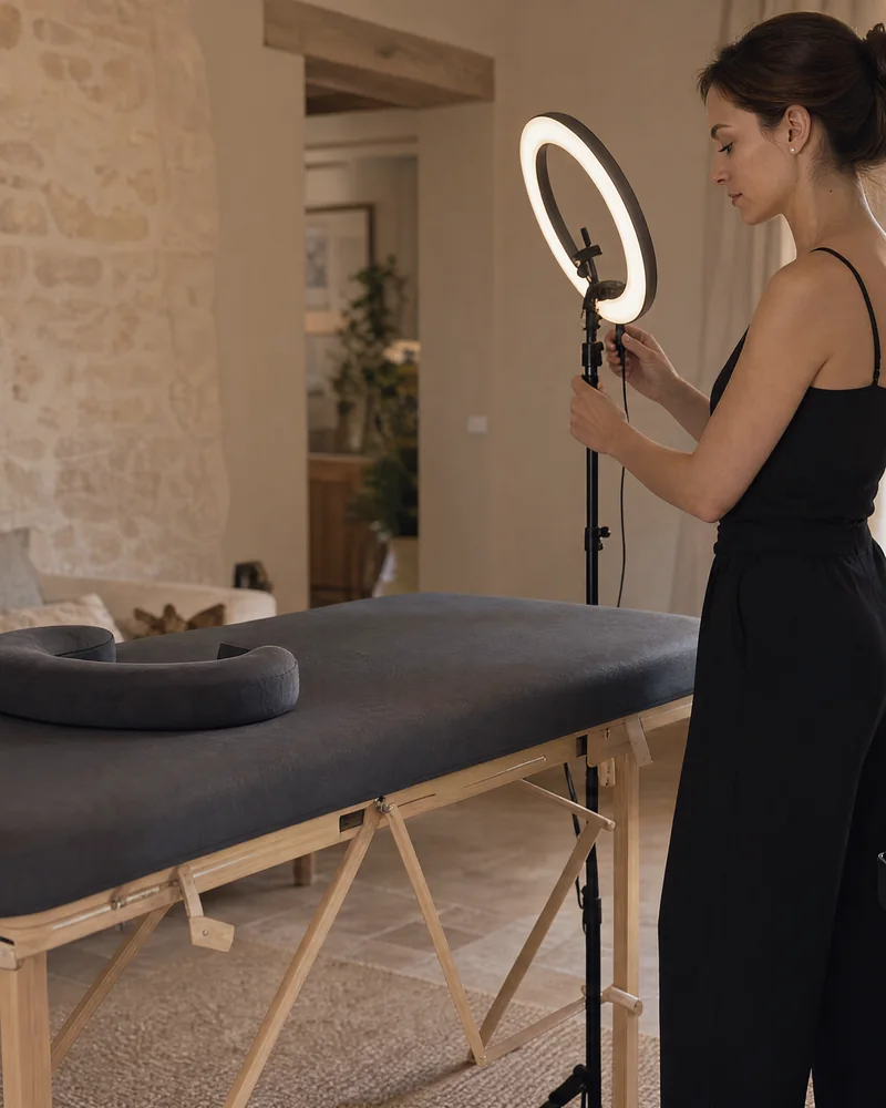La table de pose et la lumière annulaire installées dans le salon d'une cliente