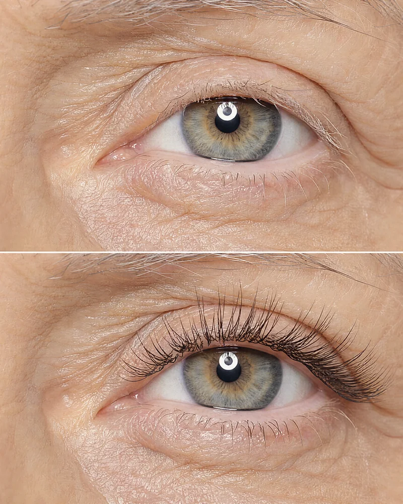 Avant et après sur un regard mature : le même œil ouvert, cils clairsemés puis frange redessinée qui ouvre l'œil