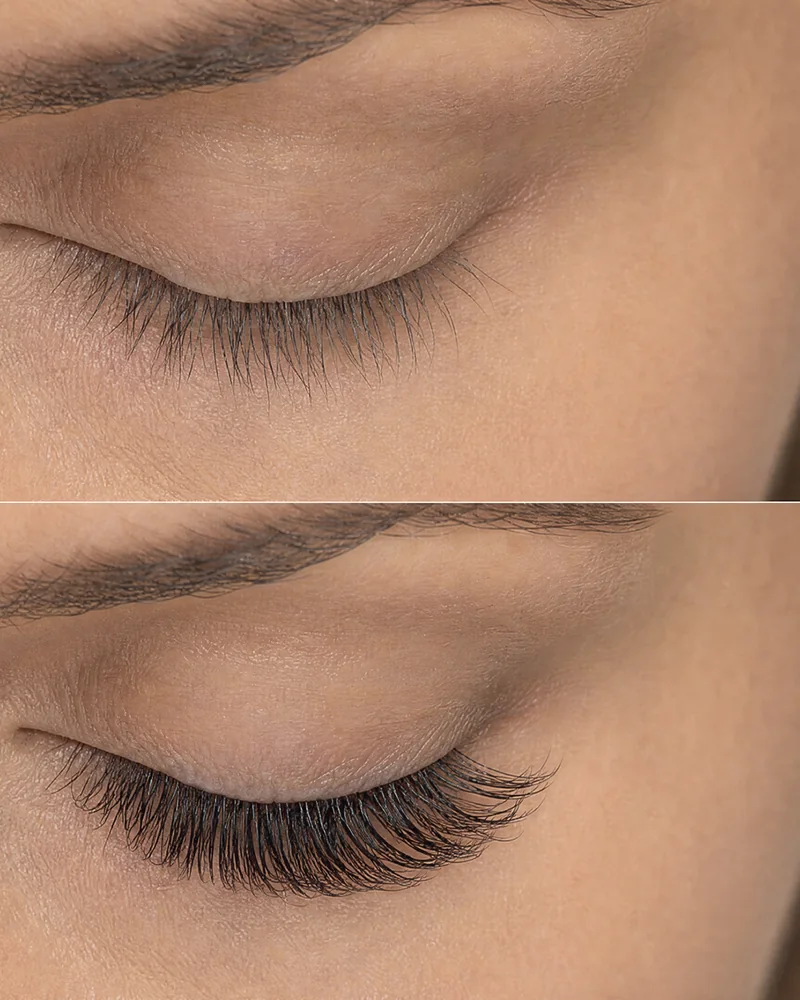 Avant et après une pose volume : ligne de cils nettement plus fournie