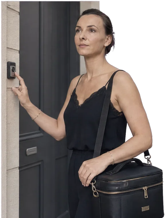 Hélène sonne à la porte d'une cliente, sa valise de matériel à l'épaule
