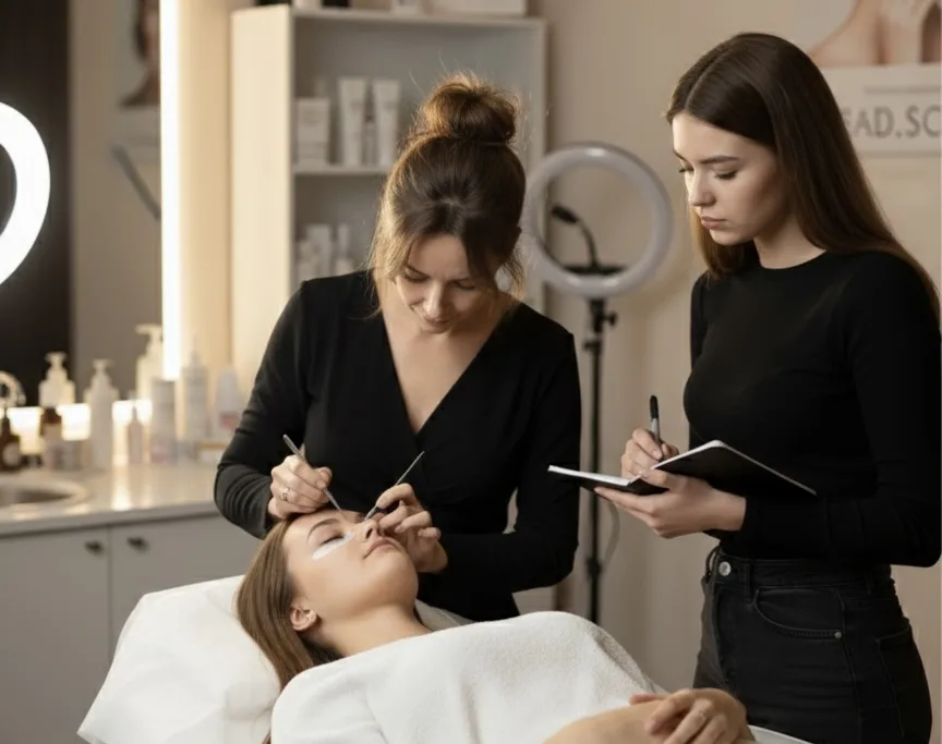 Formatrice Helene B enseignant a une eleve en salon professionnel